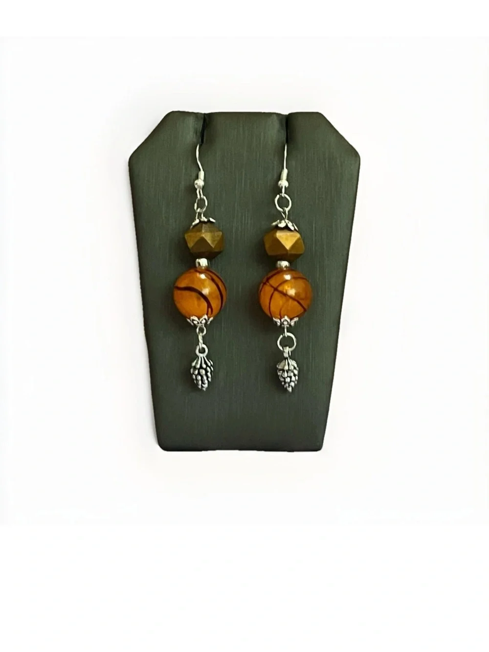 Autumn Fall Halloween Harvest Drop Earrings Orange Striped Bead Silver Tone